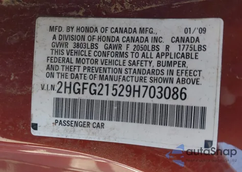 2009 Honda Civic Si from USA, damaged, VIN 2HGFG21529H703086
